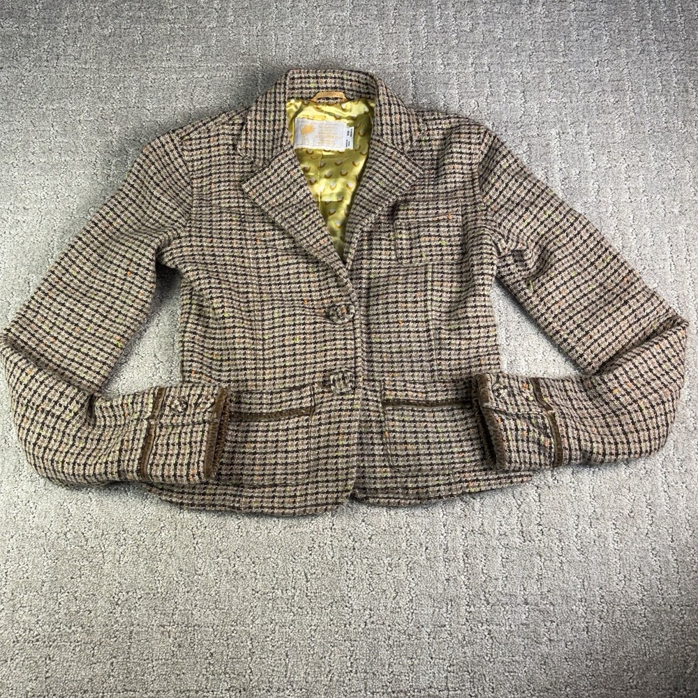 VTG Hollister Y2K Wool Blend Houndstooth Tweed Cropped Blazer Jacket Brown Small